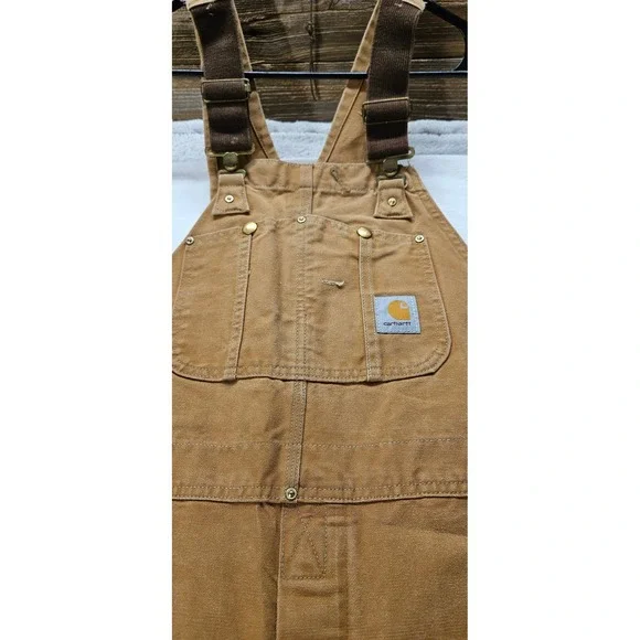 Carhartt Mens Duck Bib Overalls Double Knee Work Pants Brown R01 BRN 30 Inseam - Picture 3 of 9
